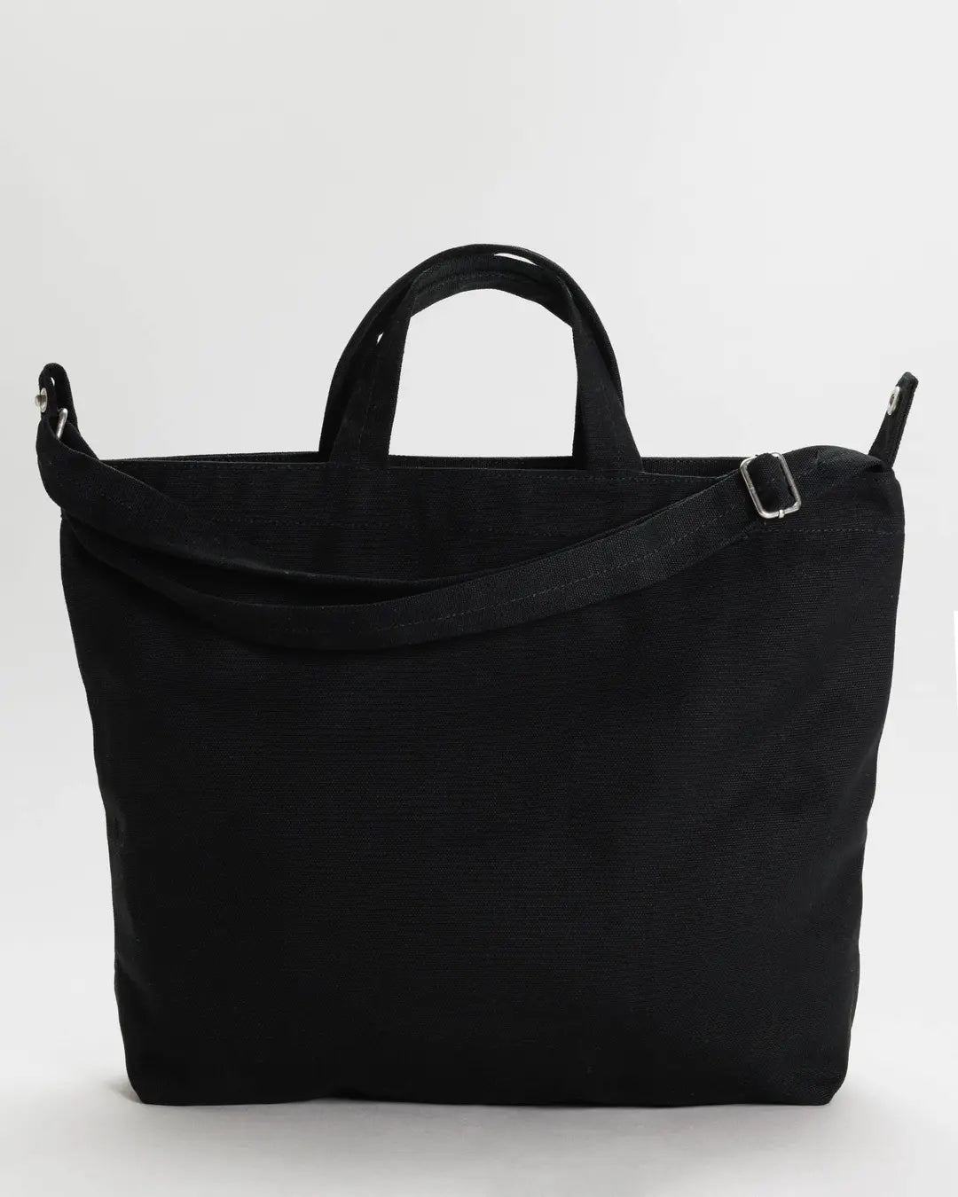 Black Baggu horizontal zip duck canvas bag with a shoulder strap on a white background