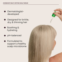 Person applying Everboost Multi-Peptide Scalp Serum to hair with text highlighting product features.