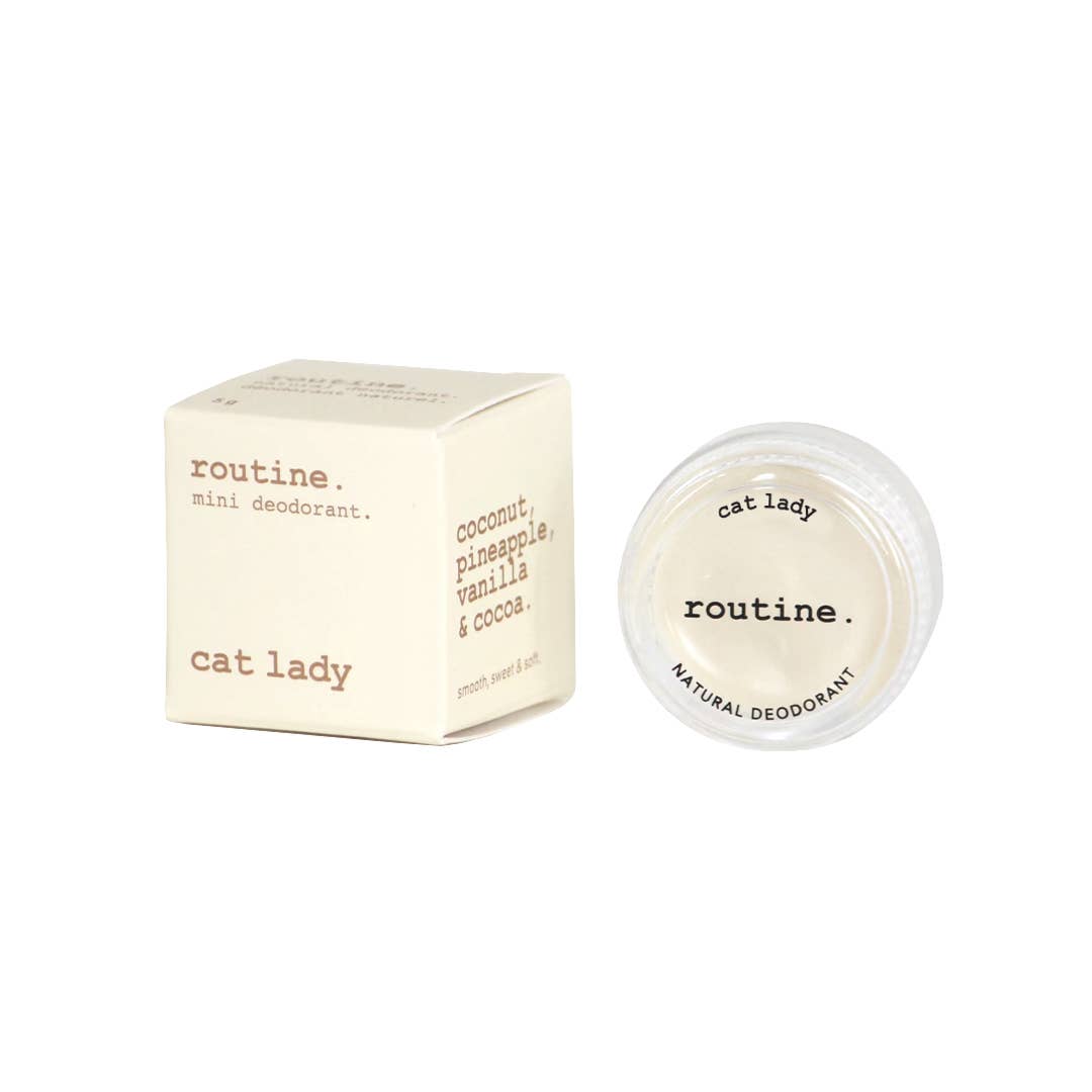 Cat Lady 'routine.' mini natural deodorant jar and box on a white background