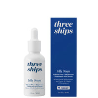 Three Ships Jelly Drops serum bottle and blue and white packaging on a white background