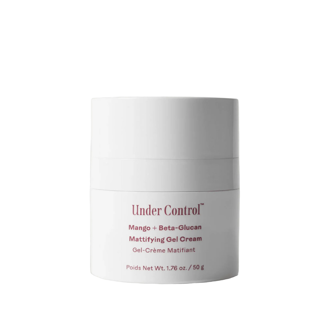 A white cosmetic jar of Under Control Mango + Beta-Glucan Mattifying Gel Cream, set against a white background