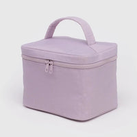 rectangular dusty pink baggu cosmetic case with a top strap handle and matching zip closure