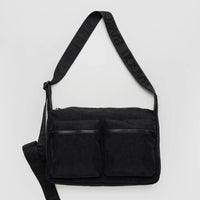 Black Baggu medium cargo crossbody bag with multiple pockets on a light gray background