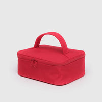 Red rectangular Baggu cosmetic  case with a handle on a light gray background