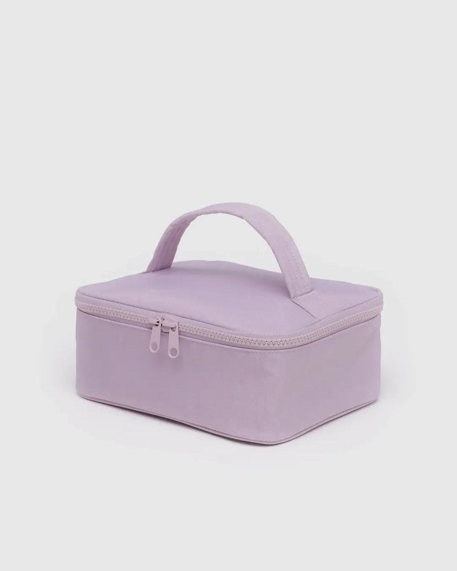 Dusty pink Baggu small cosmetic case with a handle and matching zipper