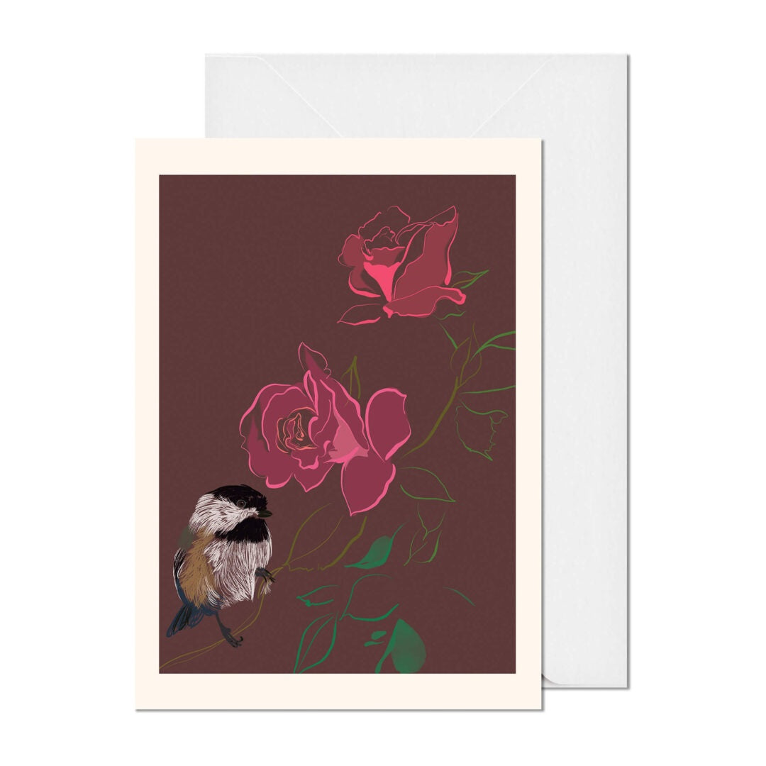 Black Capped Chickadee and Roses Greeting Card