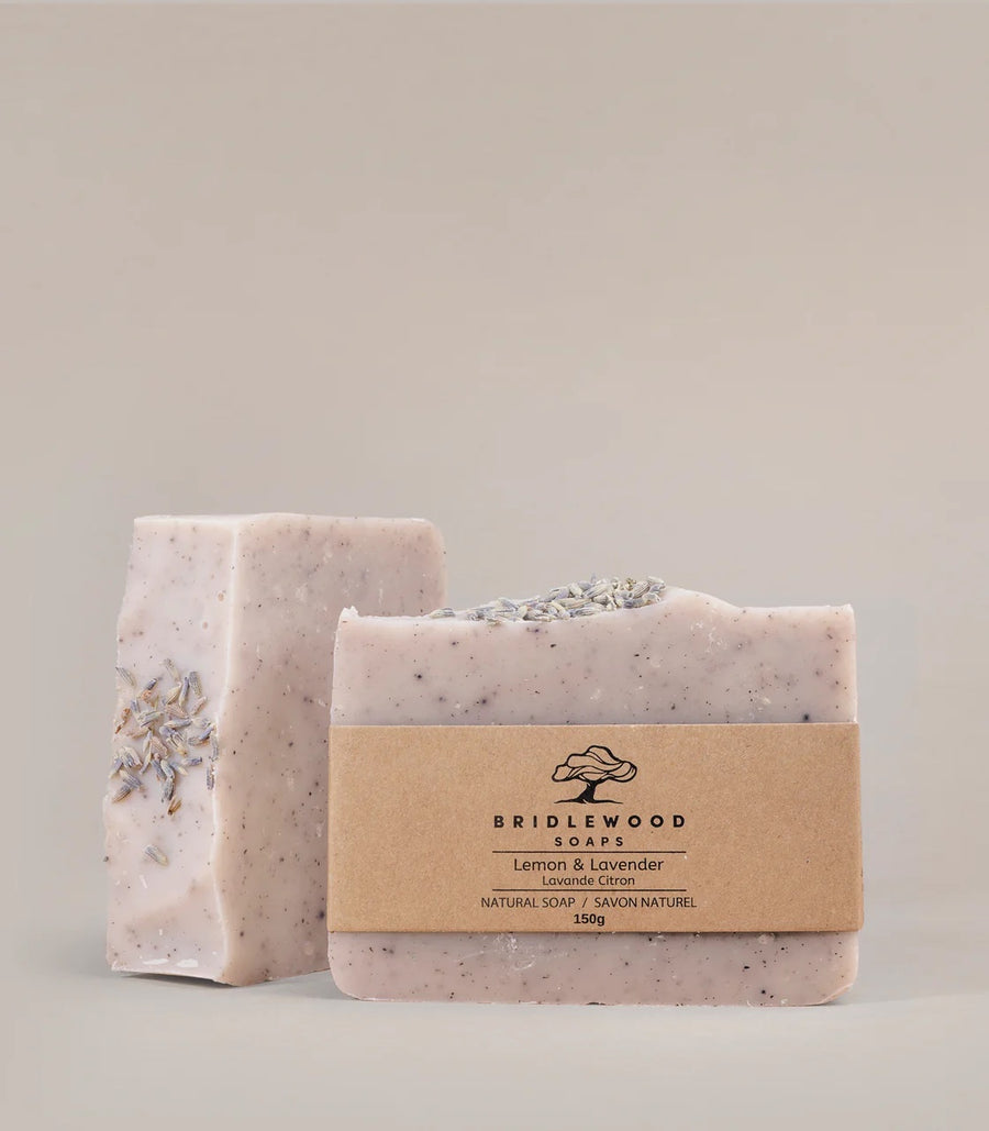 Two bars of Bridlewood Lemon and lavender soap on a light gray background