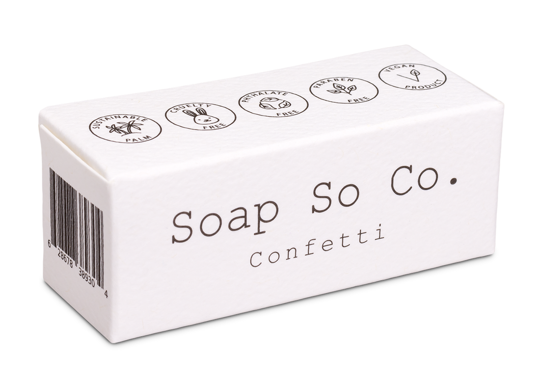 Box of Soap So Co. Confetti soap on a white background
