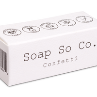 Box of Soap So Co. Confetti soap on a white background