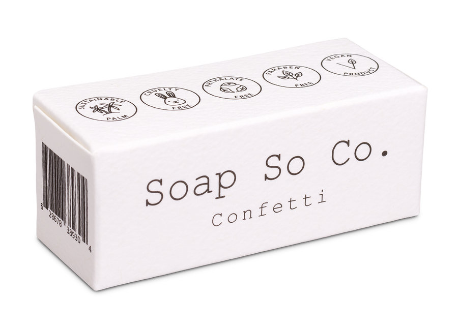 Box of Soap So Co. Confetti soap on a white background