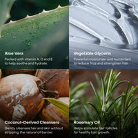 Collage of aloe vera, vegetable glycerin, coconut, and rosemary oil with text describing their benefits.