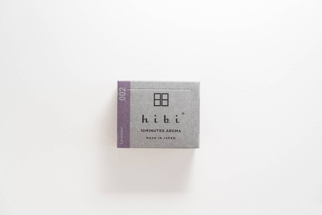 pale grey box of hibi lavender incense matches with "hibi 10 minutes aroma. Madie in Japan" written on it