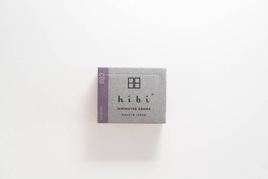 pale grey box of hibi lavender incense matches with "hibi 10 minutes aroma. Madie in Japan" written on it