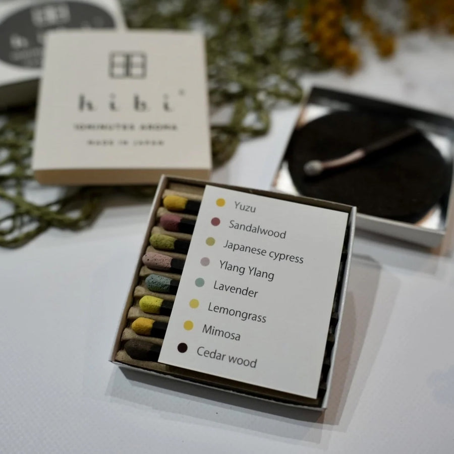 Box of hibi incense matches variety pack with 8 different best selling scents including yuzu sandalwood cypress ylang ylang lavender lemongrass mimosa and cedar wood