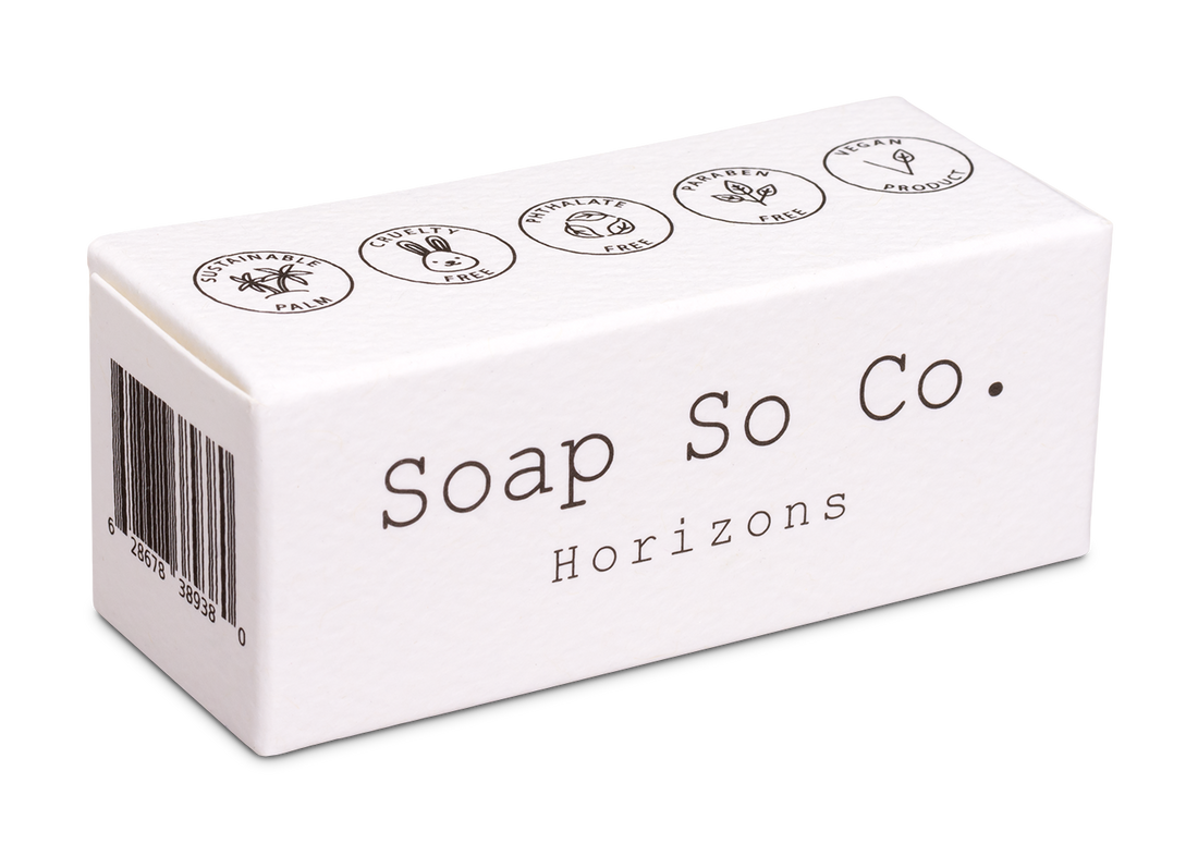 Soap packaging with 'Soap So Co. Horizons' text on a white background