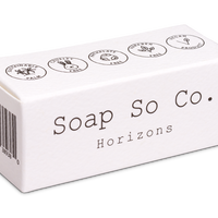 Soap packaging with 'Soap So Co. Horizons' text on a white background