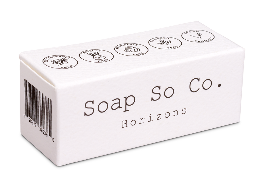 Soap packaging with 'Soap So Co. Horizons' text on a white background