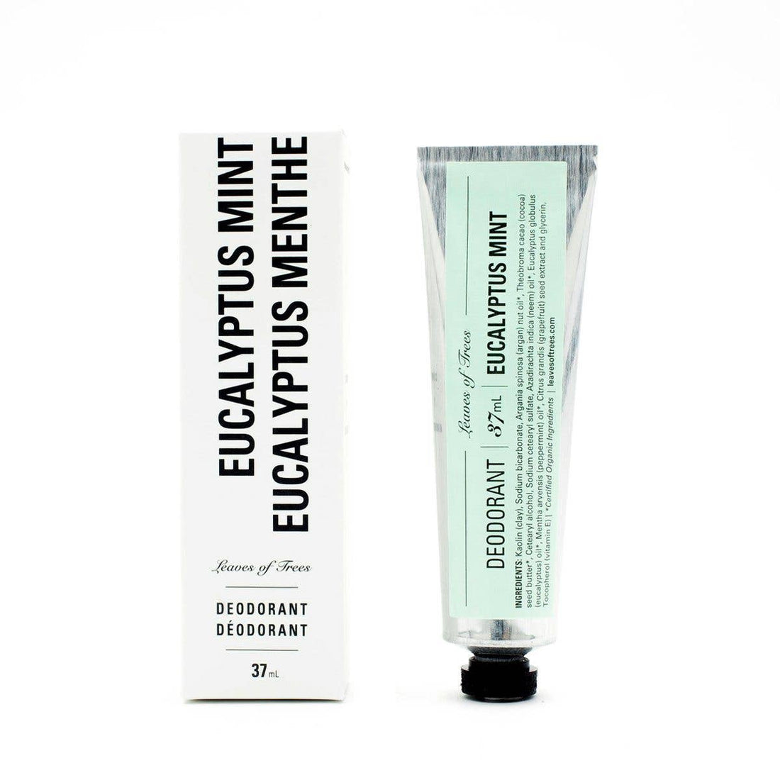 A 37 mL tube of Eucalyptus Mint deodorant next to its white packaging box, both featuring a pale mint green label and black text, on a solid white background.