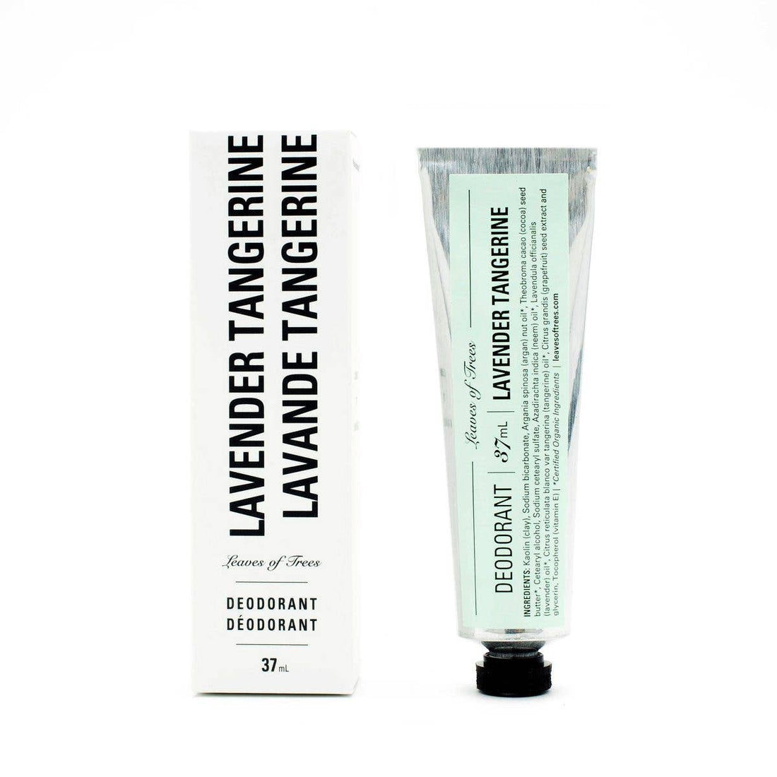 A 37ml squeeze tube of Lavender Tangerine deodorant next to its white cardboard packaging box.