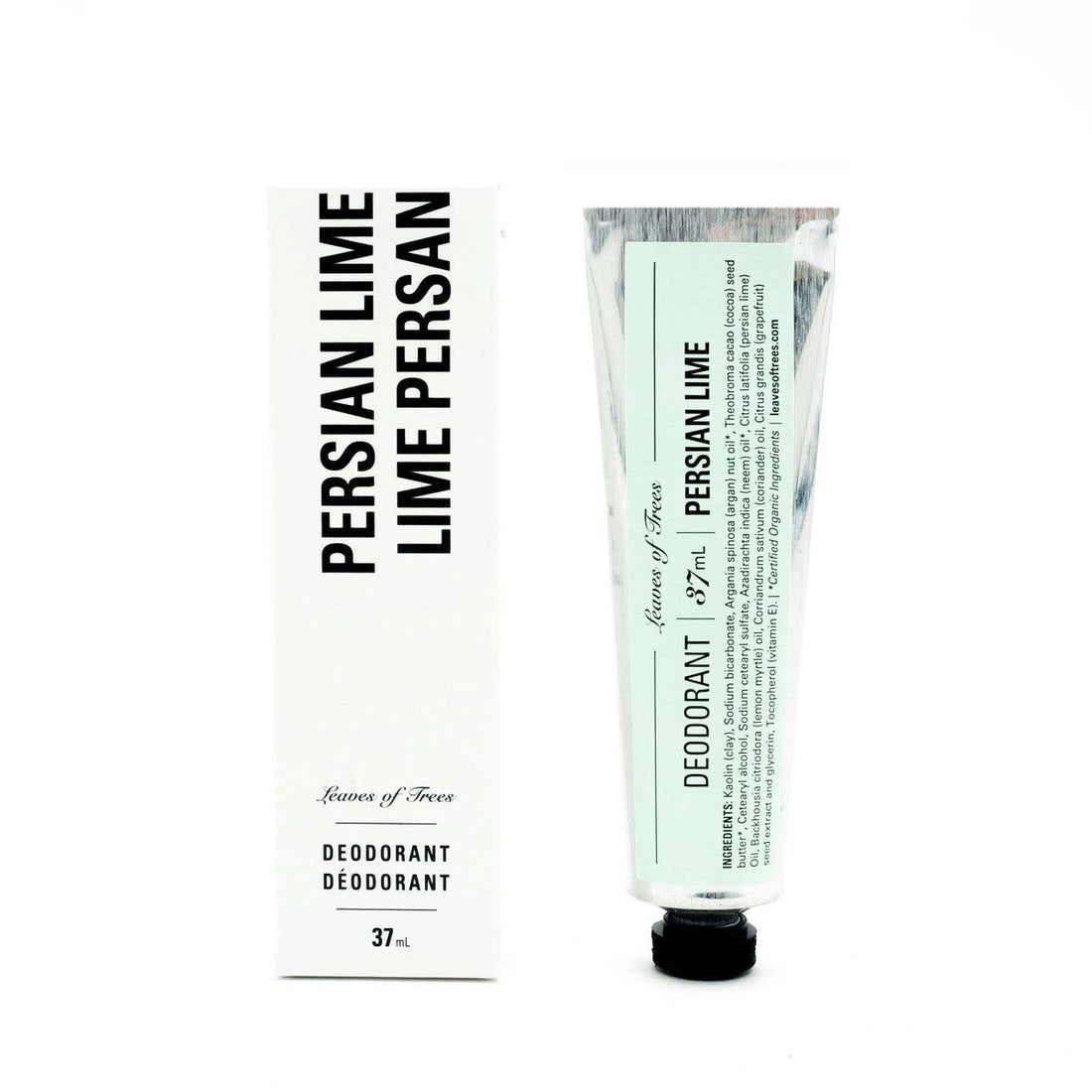 A 37ml squeeze tube of Deodorant next to its white cardboard packaging box, both featuring black text that reads 'PERSIAN LIME' and 'Leaves of Trees' on a clean white background.
