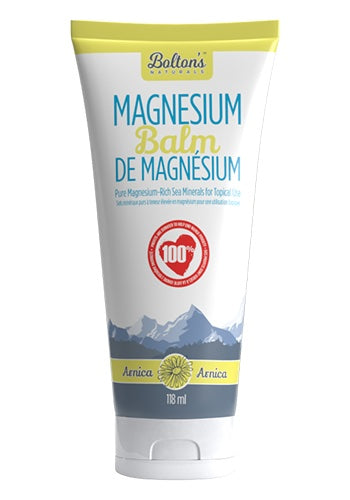 A tube of Bolton's Magnesium Balm with Arnica, indicating that it is a product meant for application to the skin.