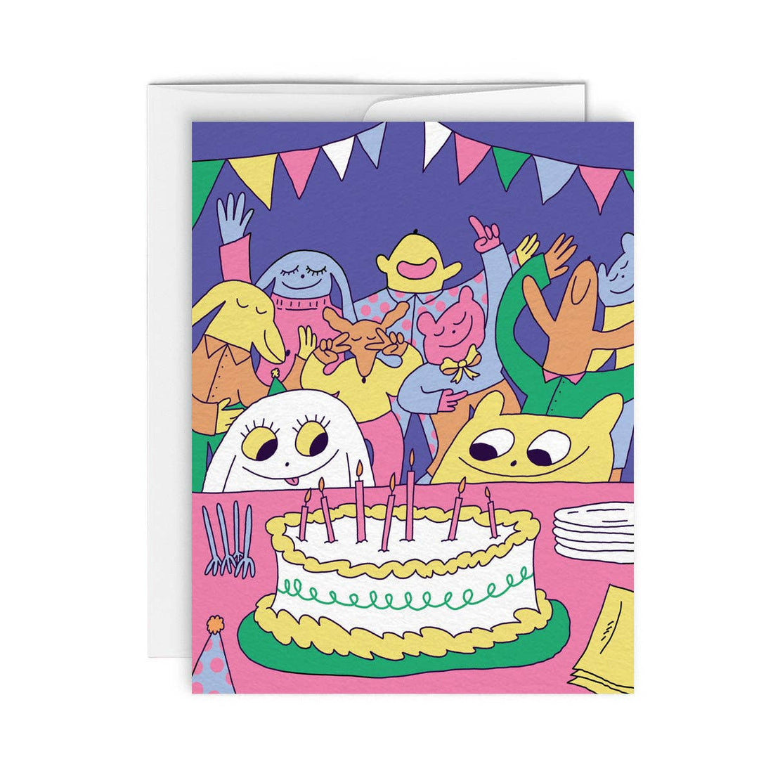 Colorful birthday card with cartoon characters looking at a cake while others dance with feeling in the background.
