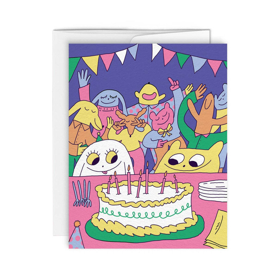 Colorful birthday card with cartoon characters looking at a cake while others dance with feeling in the background.