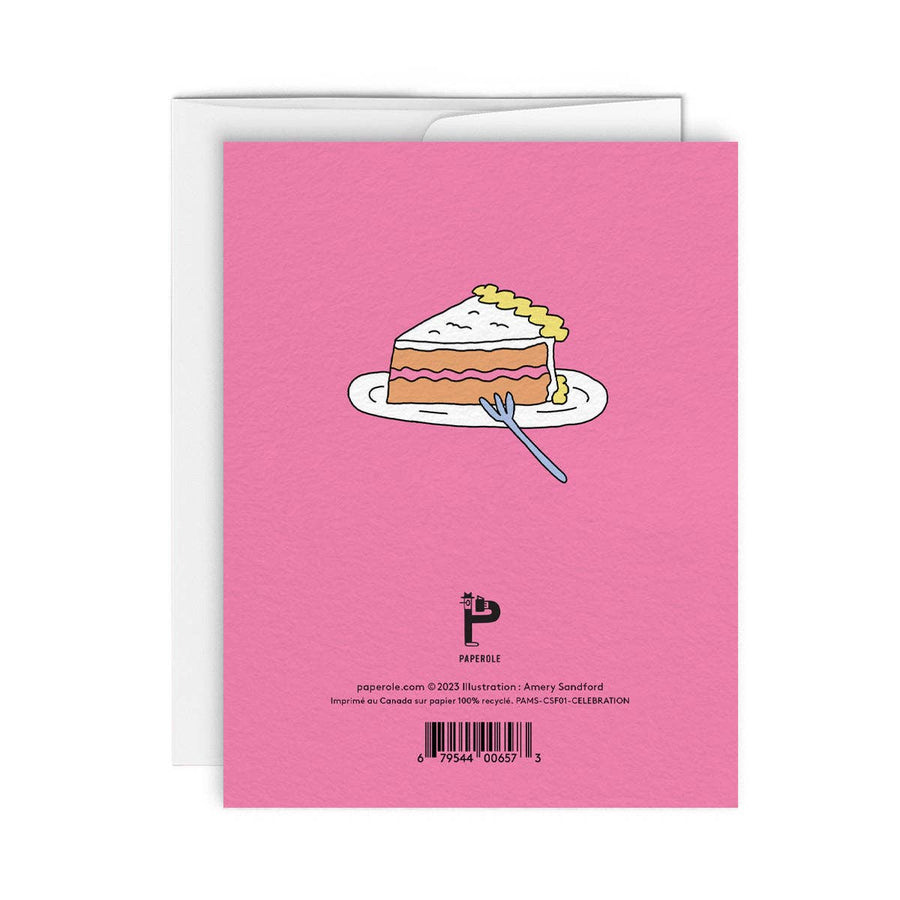 The back side of a pink greeting card with a slice of cake with fork illustration featuring the brand 'Paperole'.