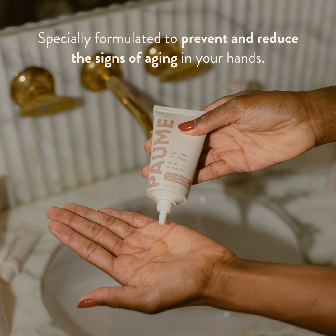 Hand applying skincare product with text about anti-aging hands.
