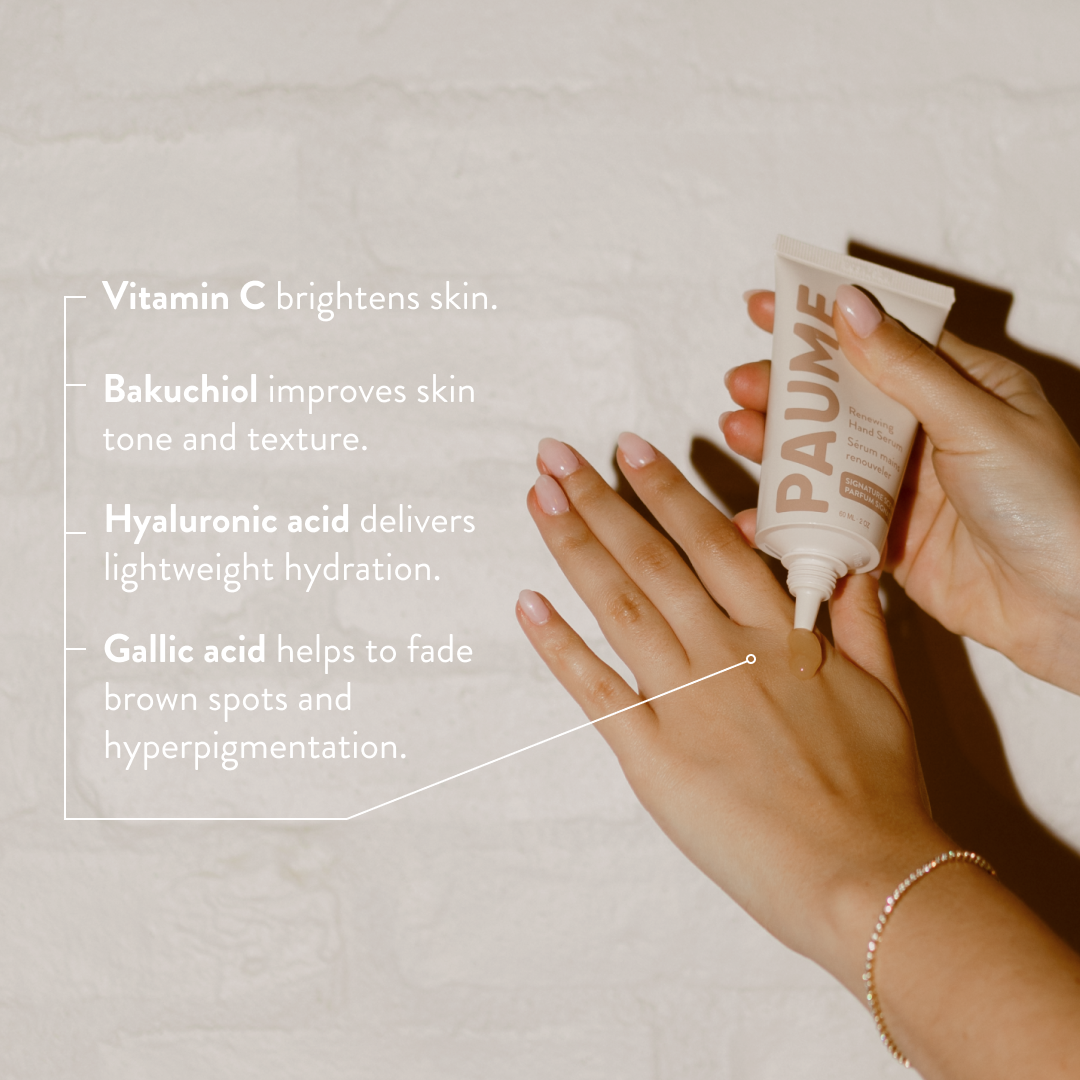 Hand applying skincare product with text about ingredients benefits on a neutral background