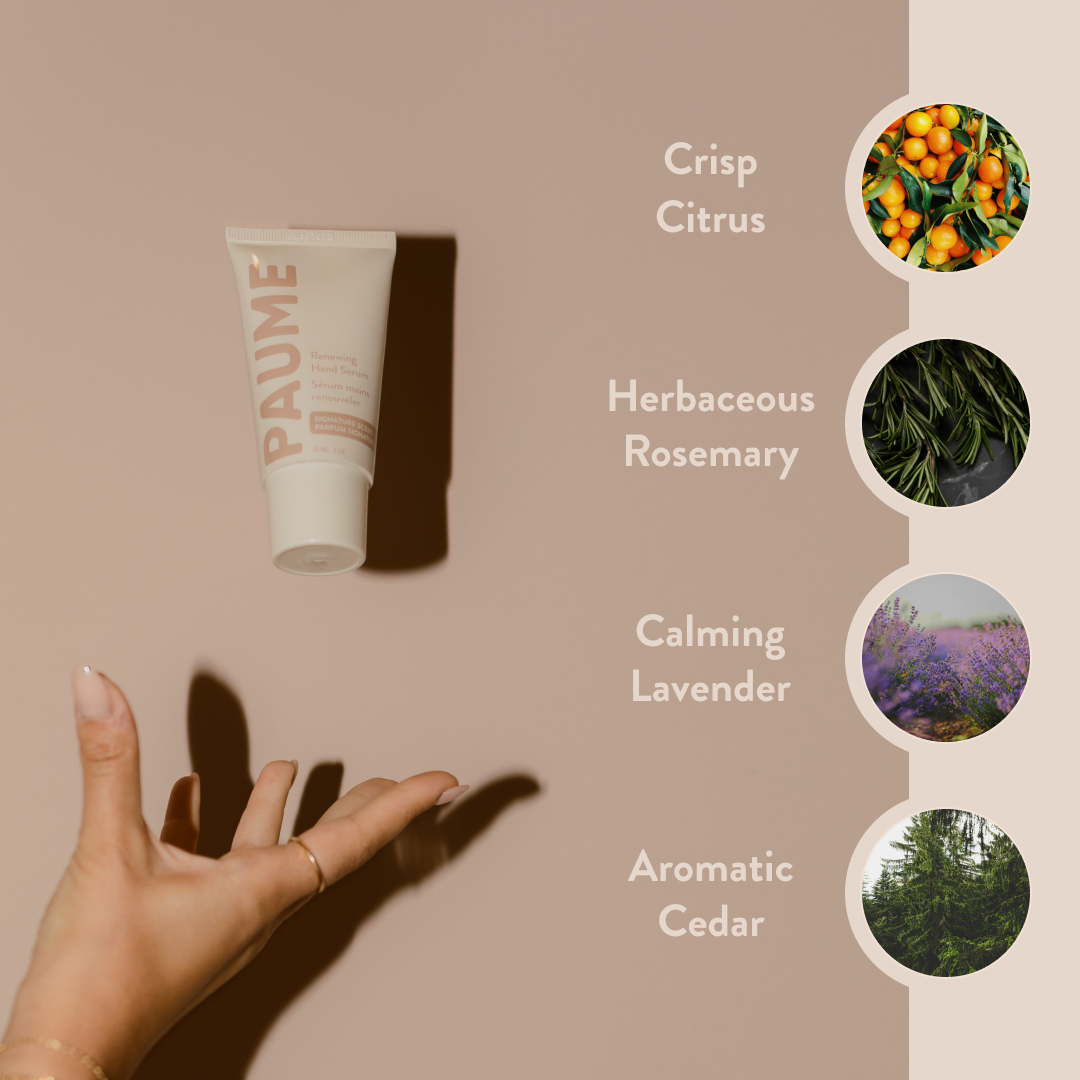 PAUME skincare product with scent profile listed on a beige background: crisp, herbaceous, calming, aromatic