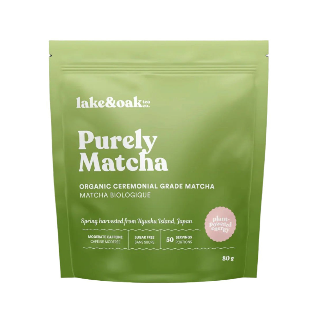A green package of LAKE & OAK Purely Matcha, organic ceremonial grade matcha. The package is labeled 'Spring Harvest from Japan' and indicates it's 80 grams.
