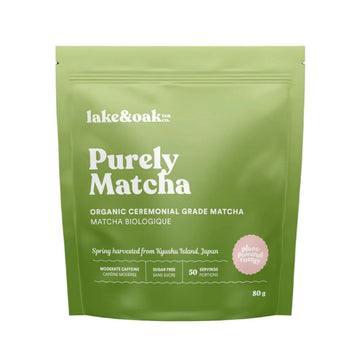A green package of LAKE & OAK Purely Matcha, organic ceremonial grade matcha. The package is labeled 'Spring Harvest from Japan' and indicates it's 80 grams.