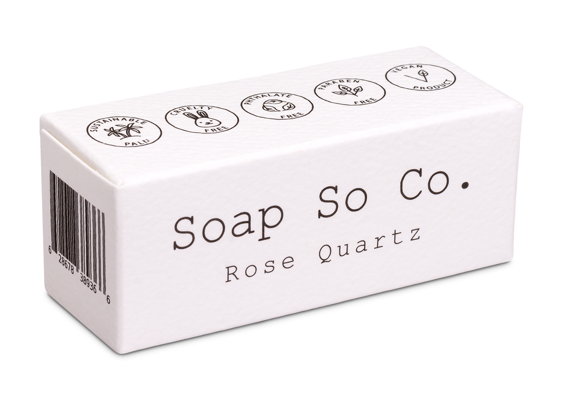 Box of Soap So Co. Rose Quartz mini soap on a white background