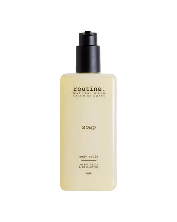 Bottle of 'Routine Sexy Sadie.' soap on a white background