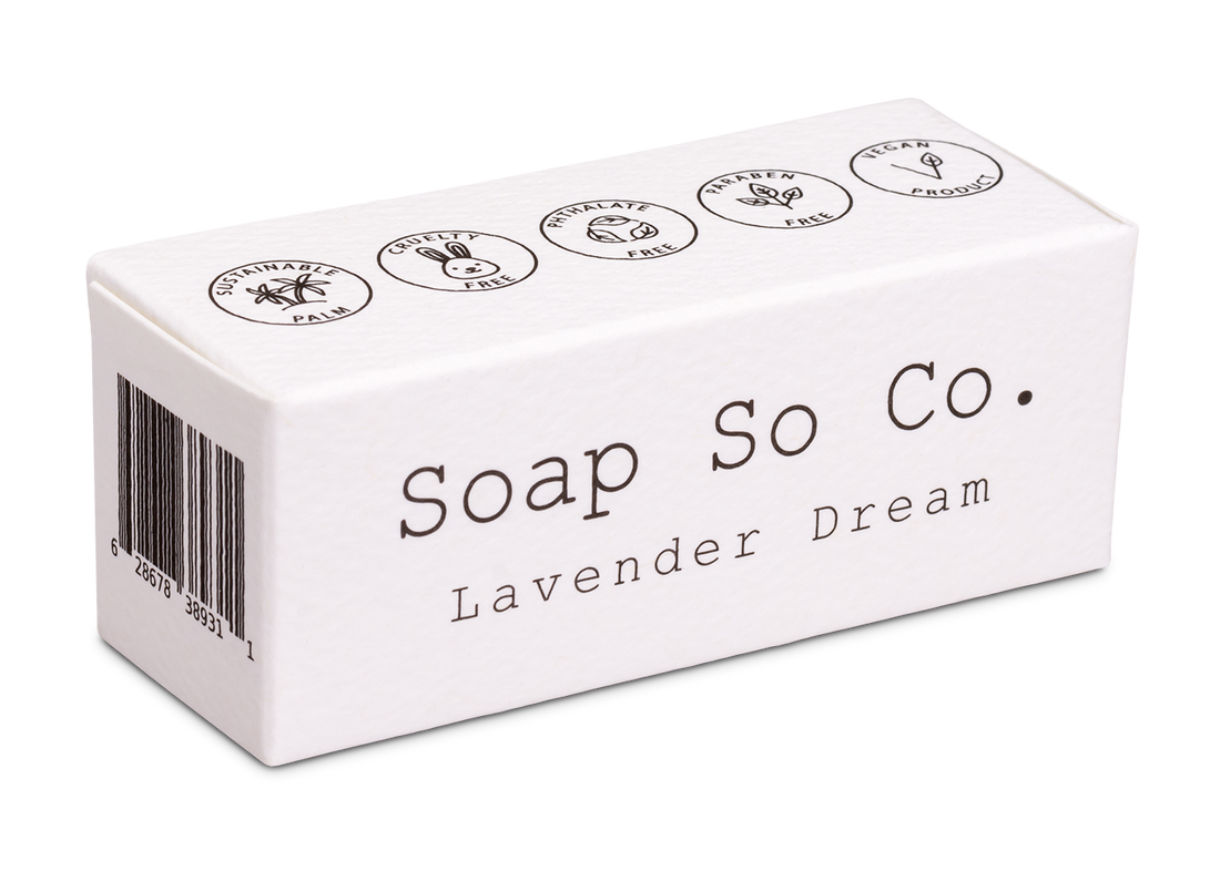 Soap So Co. Lavender Dream soap bar packaging on a white background
