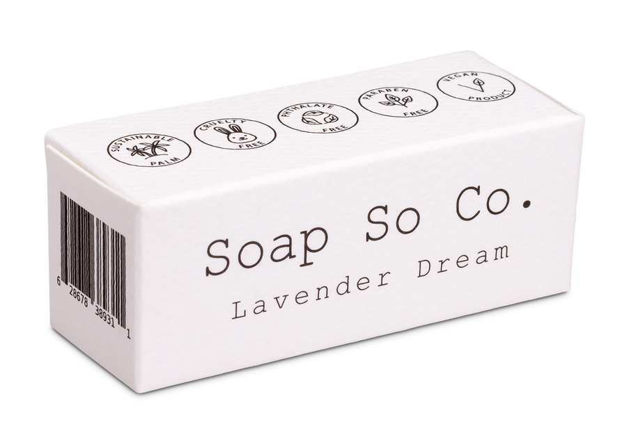 Soap So Co. Lavender Dream soap bar packaging on a white background