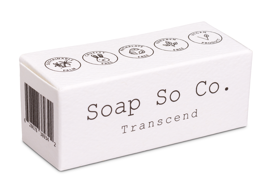 Box of Soap So Co. Transcend soap on a white background