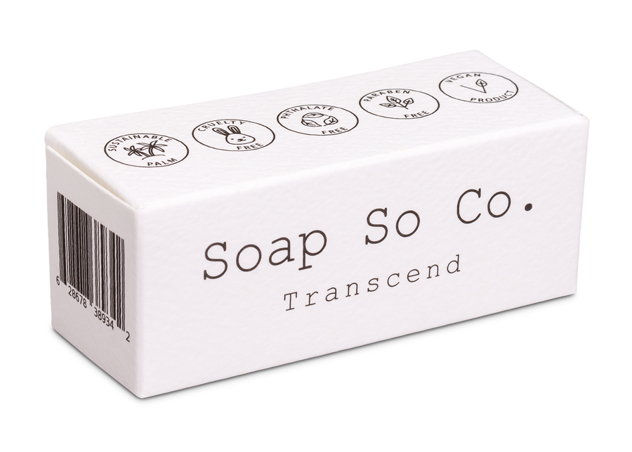 Box of Soap So Co. Transcend soap on a white background