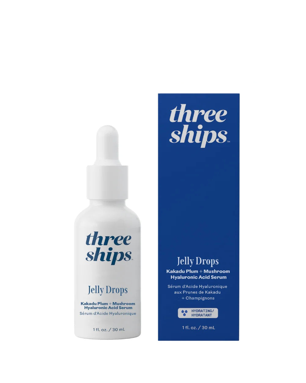 Three Ships Jelly Drops serum bottle and blue and white packaging on a white background 