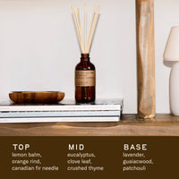 A P.F. Candle Co Wild Herb Tonic reed diffuser with wooden sticks sitting on a shelf with magazines and a small white lamp. The top, mid and base notes are written on the bottom of the image as follows. Top: lemon balm, orange rind, canadian fir. Mid: eucalyptus, clove leaf, thyme. Base: Lavender, guiacwood, patchouli