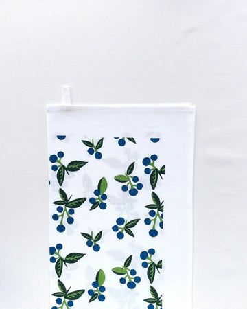 50/50 cotton linen blend tea towel with blueberry print on white background