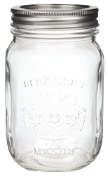 A clear glass mason jar with a metal lid.